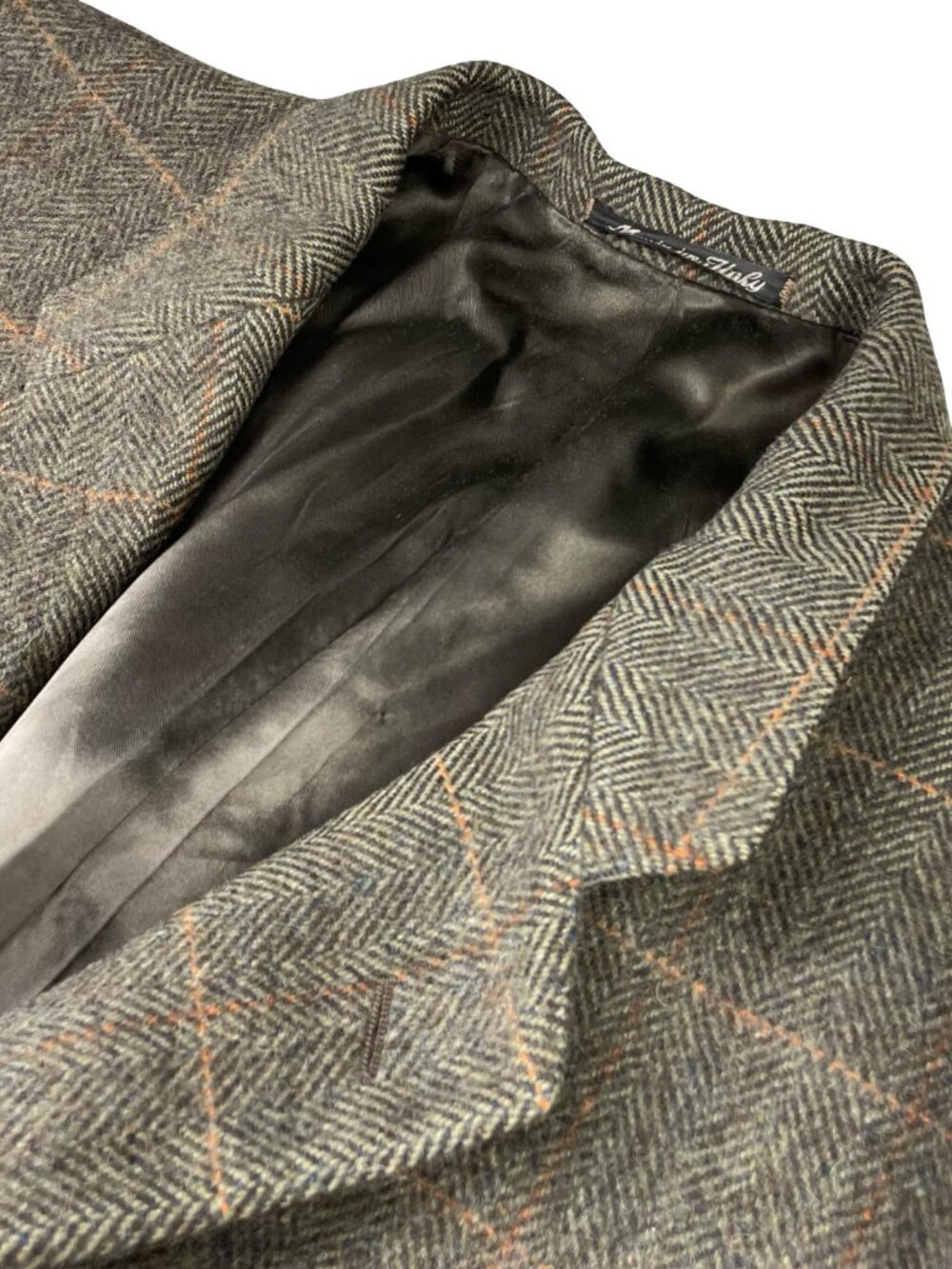 VTG Bespoke Men’s Wool Tweed Trench Over Coat Green/Tan Plaid • Italy • 43L US